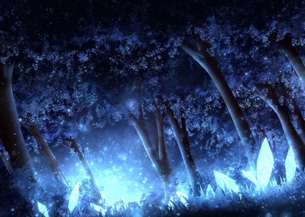 Anime picture 1159x827 with original czy night sparkle glowing no people plant (plants) tree (trees) grass forest crystal