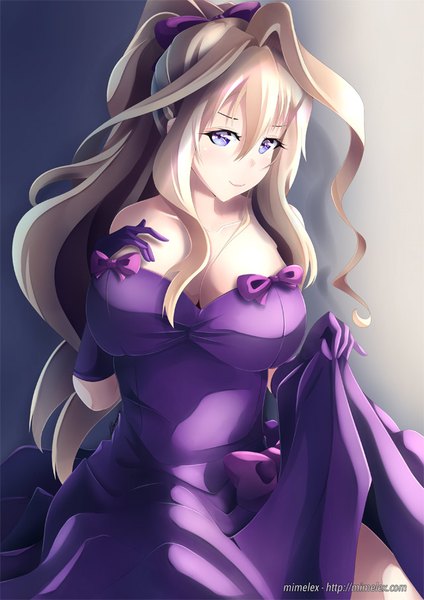 Anime picture 640x905 with gakusen toshi asterisk claudia enfield mimelex long hair tall image looking at viewer blush fringe breasts light erotic blonde hair simple background smile hair between eyes sitting purple eyes bare shoulders holding signed payot