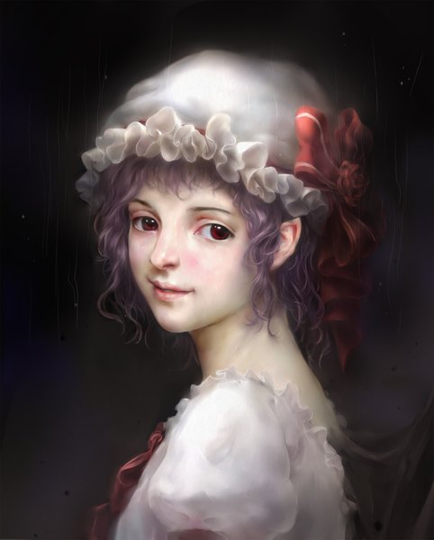 Anime picture 1500x1867 with touhou remilia scarlet grape.mk-233 single tall image looking at viewer blush fringe short hair simple background smile red eyes purple hair realistic short sleeves puffy sleeves black background wavy hair bat wings girl