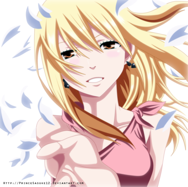 Anime picture 1000x998 with fairy tail lucy heartfilia akira-12 single long hair blush blonde hair smile brown eyes coloring portrait girl dress earrings petals
