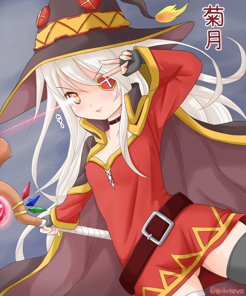 Anime picture 825x990 with kantai collection kono subarashii sekai ni shukufuku wo! studio deen megumin kikuzuki destroyer jack (slaintheva) single long hair tall image looking at viewer blush fringe open mouth light erotic hair between eyes holding white hair wide sleeves orange eyes dutch angle