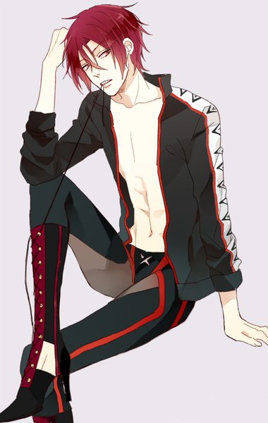 Anime picture 640x1010 with free! kyoto animation matsuoka rin shijima tohiro single tall image fringe short hair simple background hair between eyes red eyes sitting holding looking away red hair grey background high heels mouth hold hand on head boy
