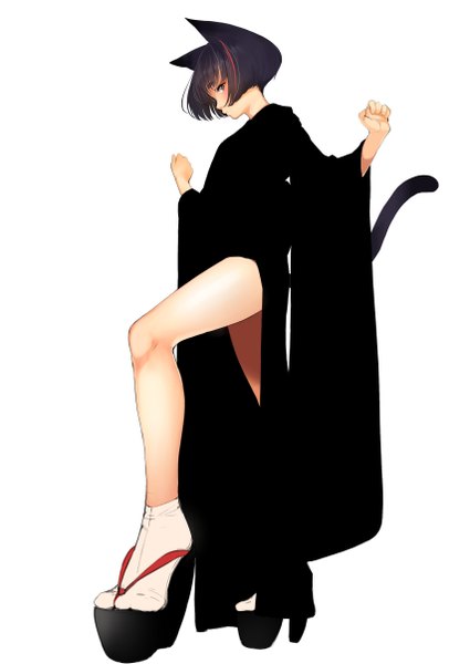 Anime picture 853x1204 with original tsukino wagamo single tall image looking at viewer fringe short hair black hair simple background standing white background brown eyes animal ears bent knee (knees) tail long sleeves animal tail profile multicolored hair cat ears