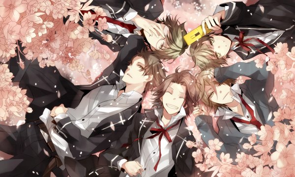 Anime picture 1280x768 with toshoshitsu no neversista ayko (artist) short hair brown hair wide image eyes closed cherry blossoms group boy uniform school uniform glasses phone