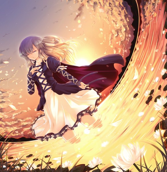 Anime picture 1500x1539 with touhou hijiri byakuren cetera single long hair tall image open mouth standing sky cloud (clouds) eyes closed grey hair sunlight grey eyes girl dress flower (flowers) plant (plants) petals water