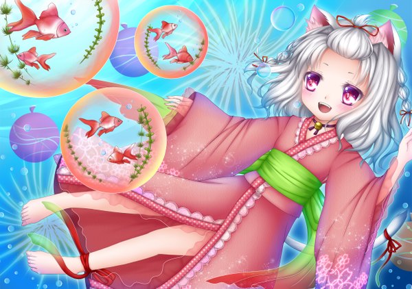 Anime picture 2480x1748 with original shitou blush highres short hair open mouth red eyes animal ears white hair japanese clothes barefoot cat ears teeth cat girl cat tail fang (fangs) girl kimono obi bubble (bubbles)