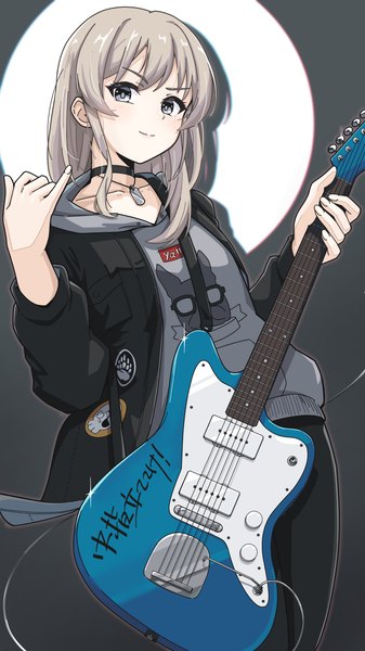 Anime picture 2480x4409 with girls band cry toei animation kawaragi momoka andaan (an iota of) single long hair tall image looking at viewer highres smile standing grey hair open jacket grey eyes pinky out girl choker jacket hood hoodie