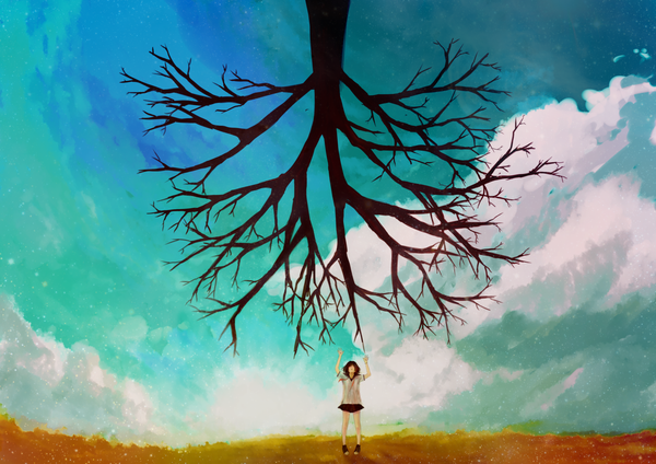 Anime picture 1600x1131 with original lawlietxd single short hair open mouth brown hair sky cloud (clouds) outstretched arm bare tree girl uniform plant (plants) school uniform miniskirt tree (trees) serafuku