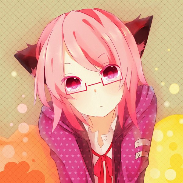 Anime picture 1024x1024 with original itamidome single looking at viewer short hair pink hair pink eyes open clothes open jacket cat girl open collar frown star print girl bow glasses jacket star (symbol) hood