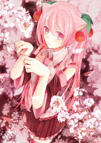 Anime picture 1000x1412 with vocaloid hatsune miku sakura miku kigasu723 single long hair tall image fringe hair between eyes twintails animal ears pink hair pink eyes from above cat ears cat girl cherry blossoms kemonomimi mode paw pose nekomimi mode