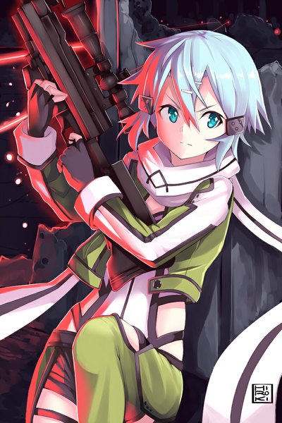 Anime picture 780x1169 with sword art online a-1 pictures asada shino hiroki (hirokiart) single tall image looking at viewer short hair blue eyes blue hair girl gloves hair ornament weapon jacket scarf fingerless gloves gun sniper rifle