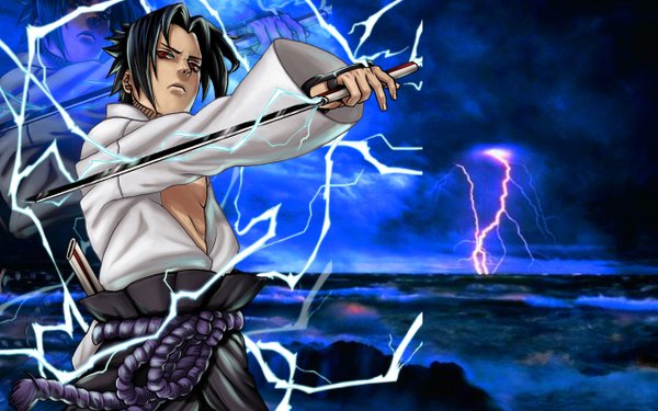 Anime picture 1280x800 with naruto studio pierrot naruto (series) uchiha sasuke single short hair black hair red eyes wide image sky lightning sharingan weapon sword rope