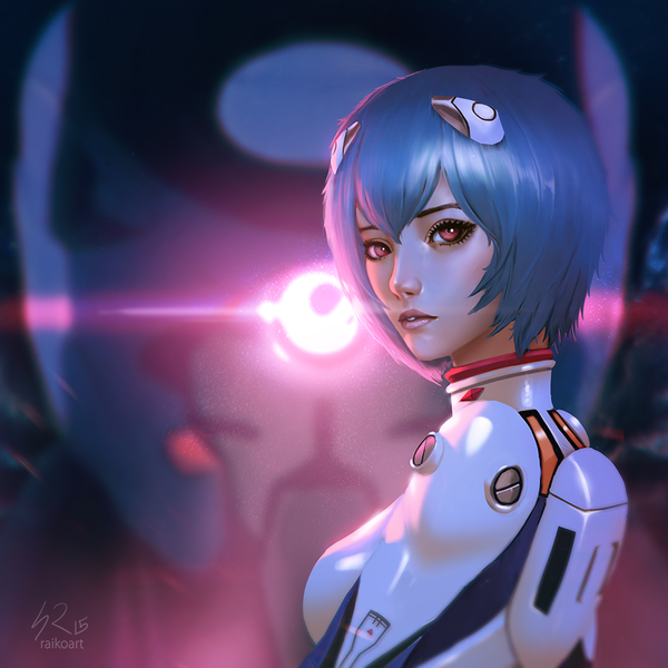 Anime picture 900x900 with neon genesis evangelion gainax ayanami rei eva 01 raikoart single looking at viewer blush fringe short hair breasts signed blue hair parted lips pink eyes looking back lips realistic lipstick eyebrows