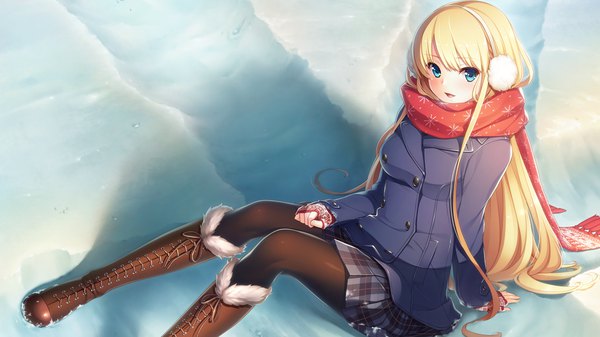 Anime picture 1280x720 with gin'iro haruka bethly rose daisley single long hair looking at viewer open mouth blue eyes blonde hair wide image game cg girl skirt miniskirt pantyhose jacket boots black pantyhose scarf earmuffs