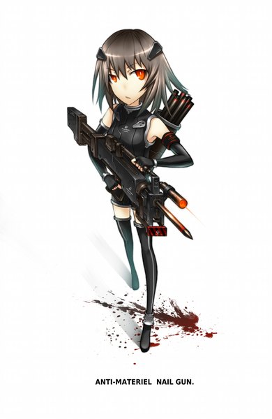 Anime picture 1200x1843 with gia single tall image short hair simple background red eyes white background silver hair inscription girl thighhighs weapon black thighhighs fingerless gloves gun blood