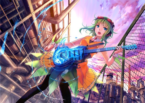 Anime picture 1295x922 with vocaloid gumi fuzichoco single short hair open mouth blue eyes bare shoulders cloud (clouds) green hair girl dress headphones goggles guitar