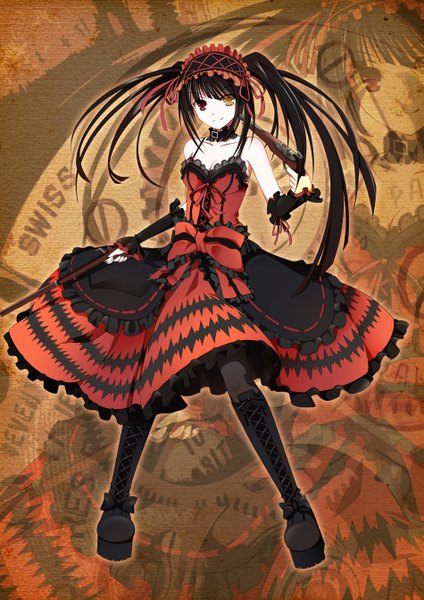 Anime picture 1900x2686 with date a live tokisaki kurumi lac single long hair tall image looking at viewer highres black hair smile red eyes twintails bare shoulders yellow eyes absurdres cleavage heterochromia lolita fashion zoom layer uneven twintails