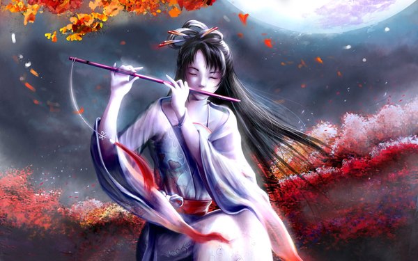 Anime picture 1920x1200 with long hair highres black hair wide image japanese clothes girl kimono musical instrument flute