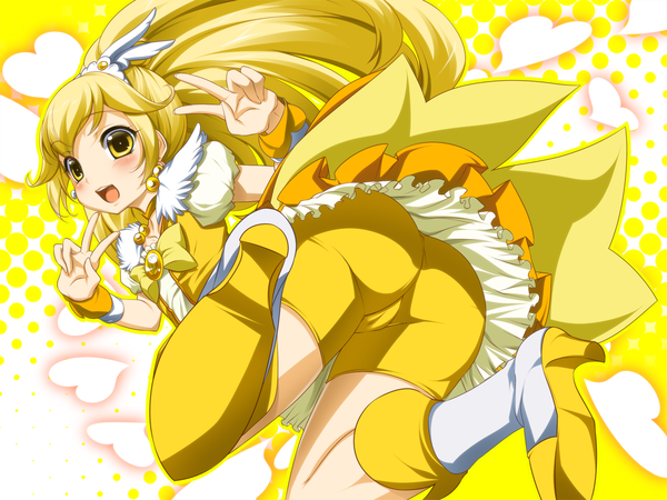 Anime picture 1500x1125 with precure smile precure! toei animation kise yayoi cure peace mino106 single long hair blush open mouth light erotic blonde hair yellow eyes ass victory girl dress bow earrings boots