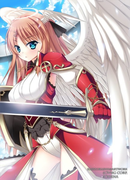 Anime picture 800x1107 with magic knight armageddon kaho okashii single long hair tall image blue eyes light erotic brown hair sky cloud (clouds) head wings girl hair ornament weapon sword wings hairclip armor halo cloak