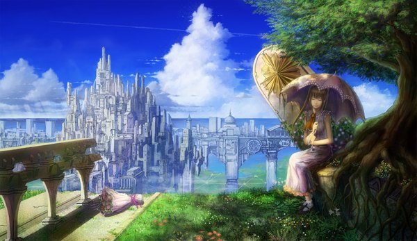 Anime picture 4000x2319 with original tomok1 long hair highres brown hair wide image twintails absurdres sky cloud (clouds) eyes closed city landscape girl dress flower (flowers) plant (plants) tree (trees) umbrella bouquet