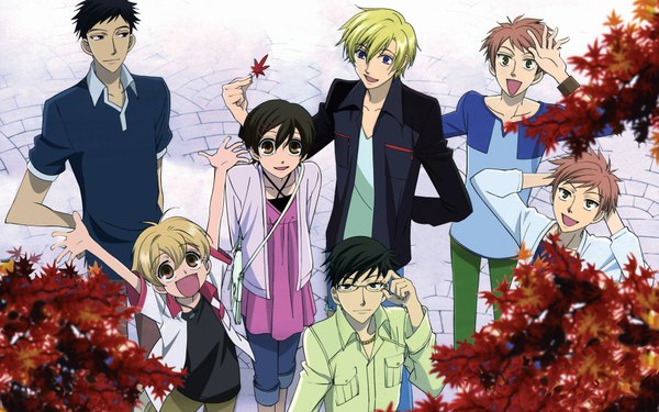 Anime picture 1920x1200 with ouran high school host club studio bones fujioka haruhi hitachiin kaoru hitachiin hikaru ootori kyouya haninozuka mitsukuni morinozuka takashi highres wide image