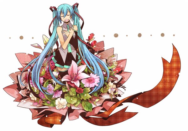 Anime picture 1000x701 with vocaloid hatsune miku single long hair open mouth twintails bare shoulders eyes closed very long hair pleated skirt aqua hair crossed arms girl thighhighs skirt flower (flowers) ribbon (ribbons) hair ribbon detached sleeves necktie