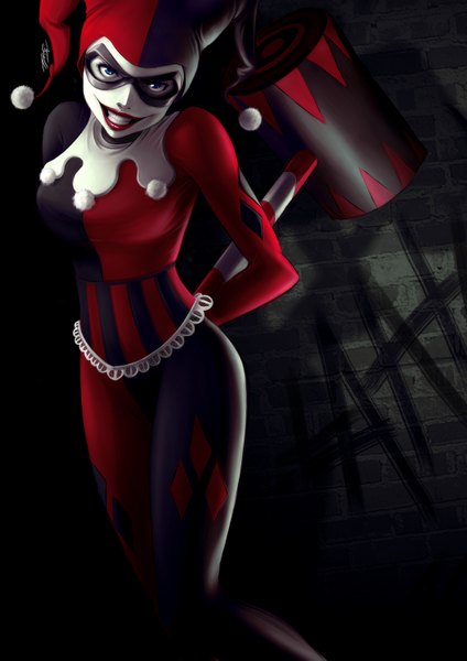 Anime picture 1056x1493 with batman dc comics harley queen rafaarsen single tall image looking at viewer blue eyes smile lips lipstick hands behind back pale skin red lipstick crazy girl weapon headdress suit hammer