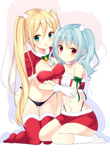 Anime picture 1000x1412 with original bekotarou long hair tall image looking at viewer blush open mouth blue eyes light erotic blonde hair smile red eyes twintails multiple girls blue hair christmas girl thighhighs gloves navel