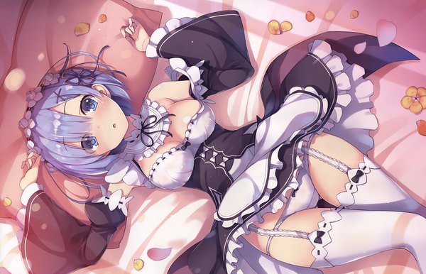 Anime picture 3948x2543 with re:zero kara hajimeru isekai seikatsu white fox rem (re:zero) tomose shunsaku single looking at viewer blush fringe highres short hair breasts open mouth blue eyes light erotic hair between eyes large breasts bare shoulders blue hair absurdres cleavage