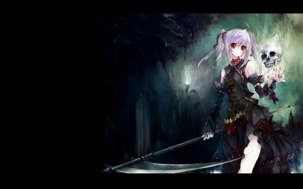 Anime picture 1280x800 with original death (entity) yudesoba single long hair red eyes wide image twintails payot looking away purple hair pointy ears wallpaper letterboxed girl dress detached sleeves black dress skull scythe