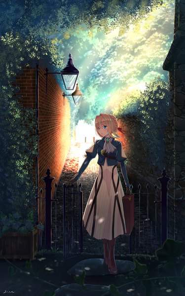 Anime picture 1680x2688 with violet evergarden kyoto animation violet evergarden (character) sion005 single tall image short hair blue eyes blonde hair standing signed looking away full body outdoors braid (braids) long sleeves sunlight shadow puffy sleeves single braid