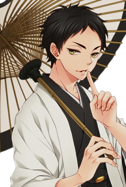Anime picture 541x800 with haikyuu!! production i.g akaashi keiji rio (rio 01) single tall image looking at viewer short hair black hair simple background white background yellow eyes traditional clothes japanese clothes finger to mouth boy umbrella oriental umbrella