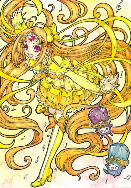 Anime picture 645x926 with precure suite precure toei animation shirabe ako cure muse (yellow) fairy tone dodory sayococco single tall image looking at viewer open mouth very long hair pink eyes from above orange hair leaning leaning forward spread arms magical girl