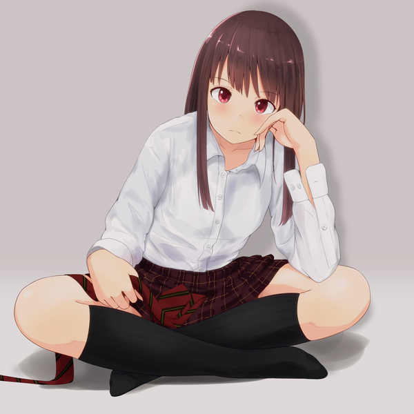 Anime picture 1296x1296 with original minagiku single long hair looking at viewer blush fringe simple background red eyes brown hair sitting bent knee (knees) pleated skirt grey background shadow plaid skirt open collar hand on face head rest indian style