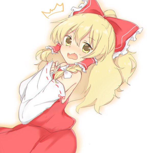 Anime picture 1243x1270 with touhou hakurei reimu kirisame marisa rbtt single long hair tall image looking at viewer blush fringe open mouth simple background blonde hair hair between eyes white background bare shoulders yellow eyes ponytail braid (braids) traditional clothes