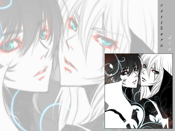 Anime picture 1400x1050 with casshern sins casshern dio mochinu long hair looking at viewer fringe short hair black hair white hair aqua eyes grey hair inscription multiple boys couple face face to face zoom layer boy uniform