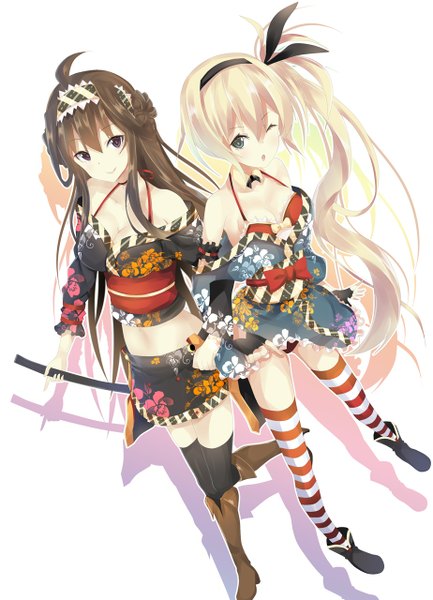 Anime picture 924x1280 with kantai collection shimakaze destroyer kongou battleship skyline-keng long hair tall image looking at viewer light erotic simple background blonde hair brown hair white background purple eyes ahoge ponytail very long hair traditional clothes japanese clothes one eye closed wink