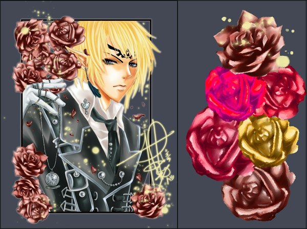 Anime picture 1379x1034 with tagme (artist) single looking at viewer short hair blue eyes blonde hair signed pointy ears grey background tattoo framed silver eyes boy gloves flower (flowers) earrings shirt petals necktie jacket