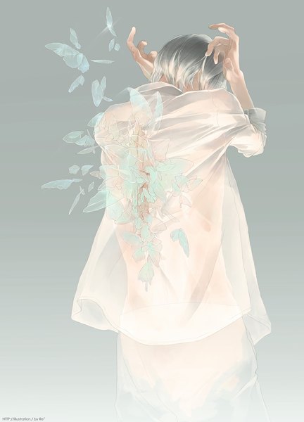 Anime picture 837x1162 with original re (artist) single tall image short hair simple background signed grey hair from behind grey background boy shirt insect butterfly debris