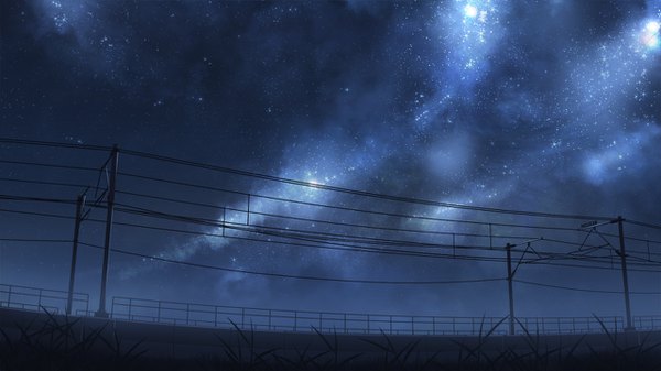 Anime picture 1280x720 with original mclelun wide image sky night night sky no people fog plant (plants) star (stars) grass wire (wires) power lines pole railroad tracks