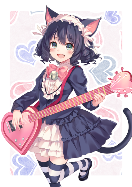 Anime picture 708x1000 with show by rock!! studio bones cyan (show by rock!!) strawberry heart fukahire (ruinon) single tall image looking at viewer short hair open mouth black hair standing holding green eyes animal ears bent knee (knees) tail animal tail cat ears cat girl