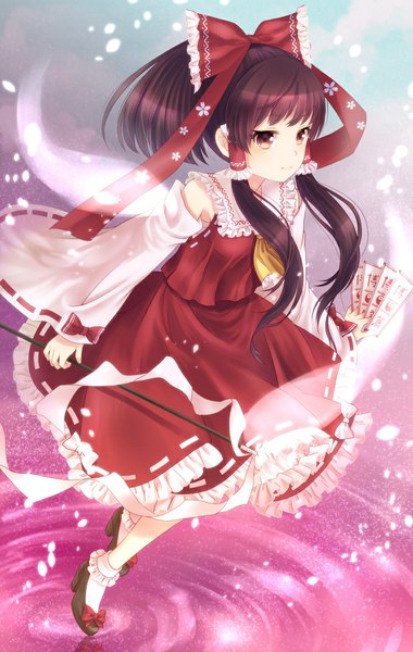 Anime picture 750x1182 with touhou hakurei reimu nunucco single long hair tall image blush brown hair brown eyes looking away ponytail traditional clothes japanese clothes light smile miko girl skirt bow hair bow detached sleeves
