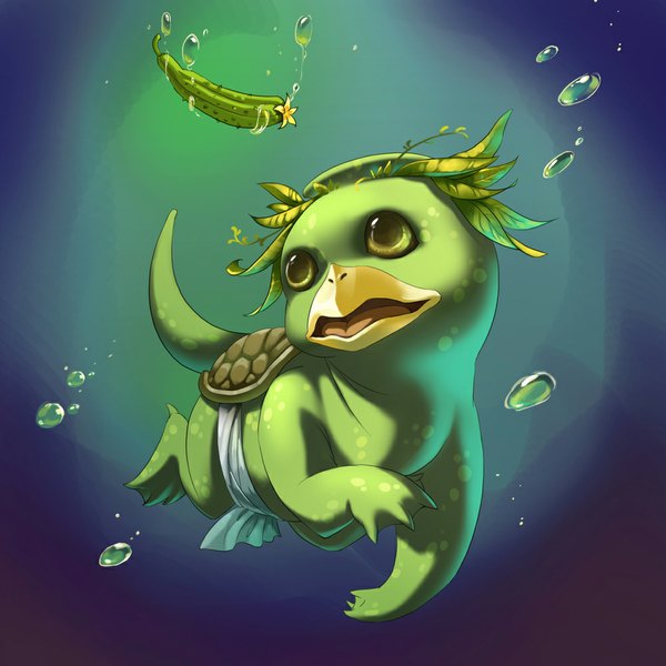 Anime picture 1000x1000 with guozi li green eyes looking away tail parted lips underwater no people green skin kappa bubble (bubbles) vegetables monster youkai cucumber