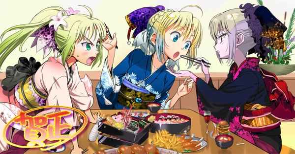 Anime picture 1520x800 with wide image japanese clothes food tagme