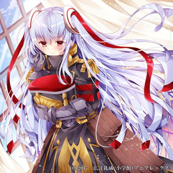 Anime picture 800x800 with re:creators altair (re:creators) nogi takayoshi single blush fringe hair between eyes red eyes standing twintails holding silver hair very long hair from above wind hat removed girl uniform ribbon (ribbons) hair ribbon