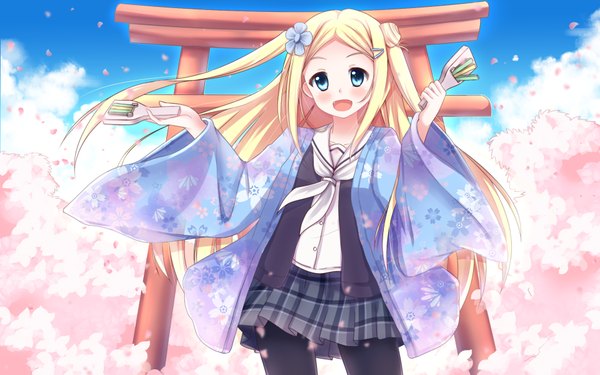 Anime picture 1920x1200 with hanayamata madhouse hana n. fontainestand parafox single long hair looking at viewer blush highres open mouth blue eyes blonde hair girl skirt petals torii naruko (instrument)