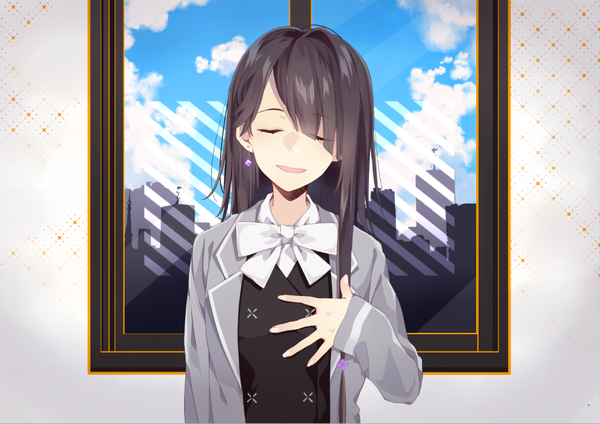 Anime picture 974x689 with vocaloid hatsuko single long hair fringe open mouth black hair sky cloud (clouds) upper body eyes closed hair over one eye city hand on chest cityscape girl earrings window bowtie single earring