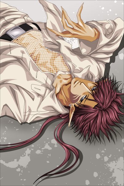 Anime picture 1800x2680 with saiyuki kougaiji morrow single long hair tall image highres simple background red hair lying fingernails pointy ears grey background on back grey eyes tattoo open shirt long fingernails vector fishnet