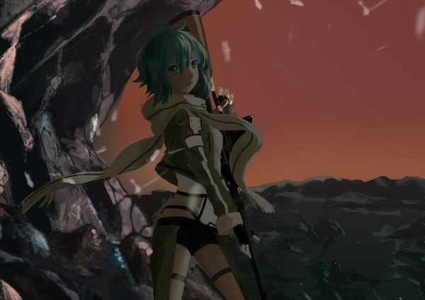 Anime picture 3507x2480 with sword art online a-1 pictures asada shino hollyred single looking at viewer fringe highres short hair blue eyes standing blue hair absurdres sky shadow rock girl weapon jacket shorts